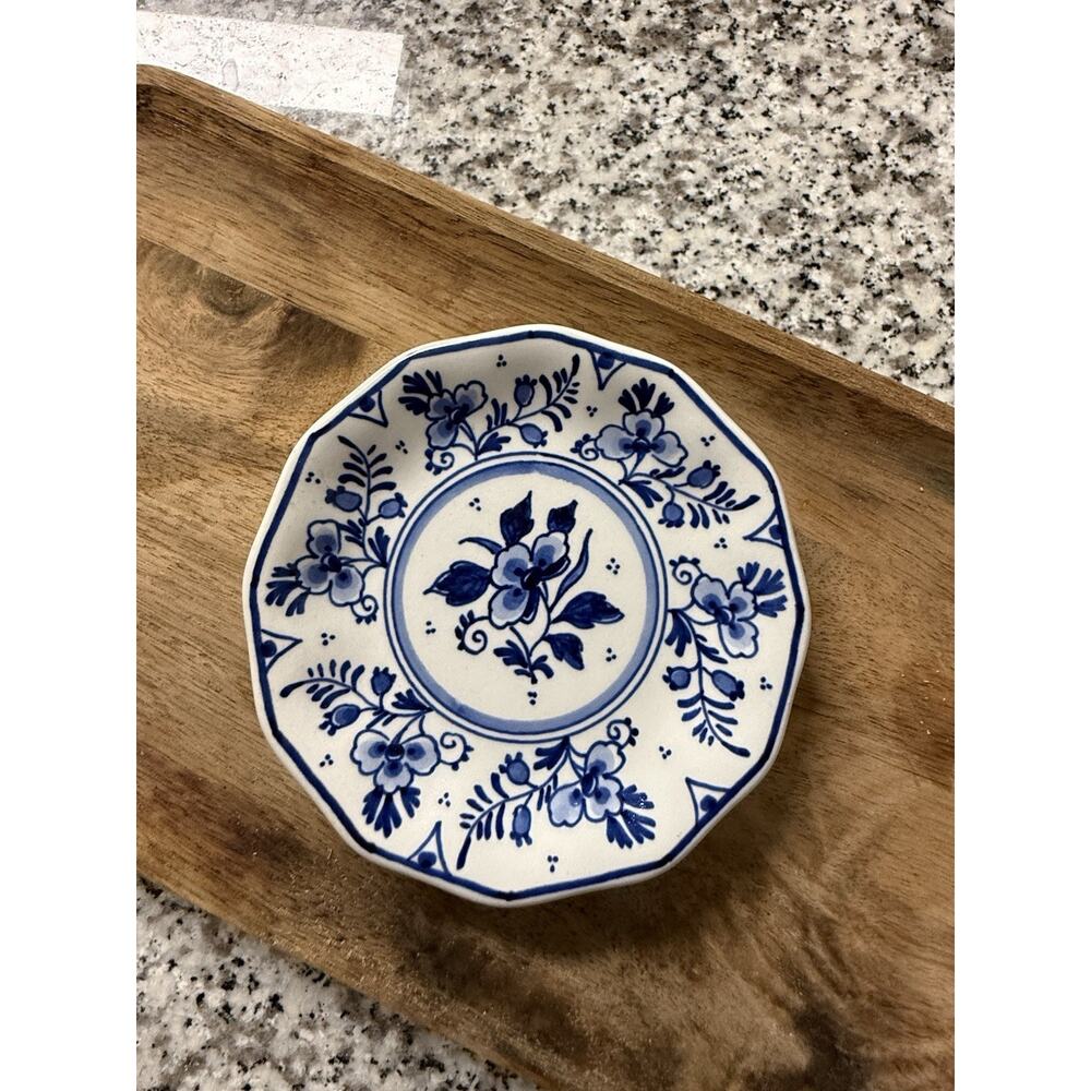 Vintage De Porceleyne Fles Delft Blue White Porcelain Plate Floral Scalloped